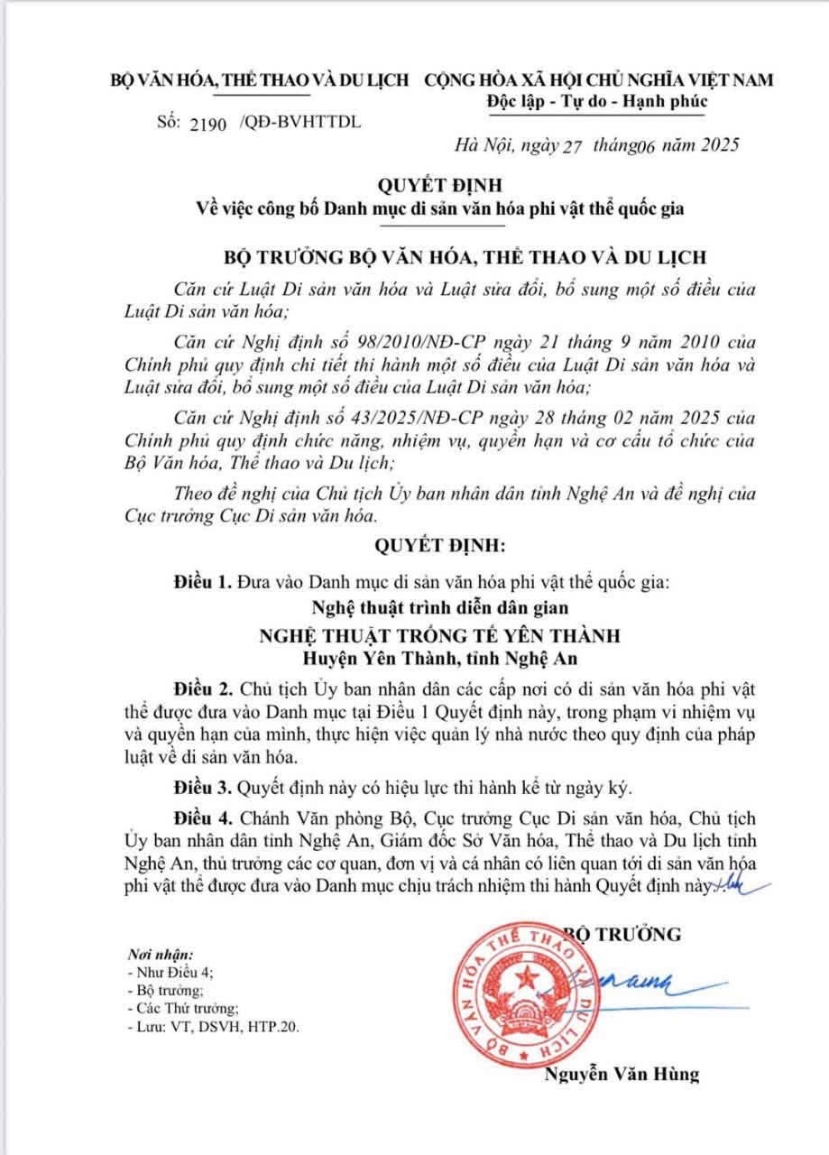 Quyết định số 2190/QĐ-BVHTTDL